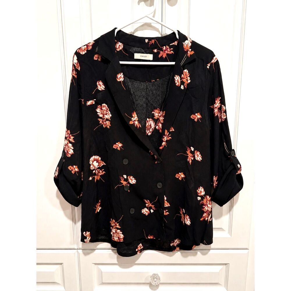 Capulet Floral Double Breasted Blazer Jacket M Black Romantic Cottagecore NWOT